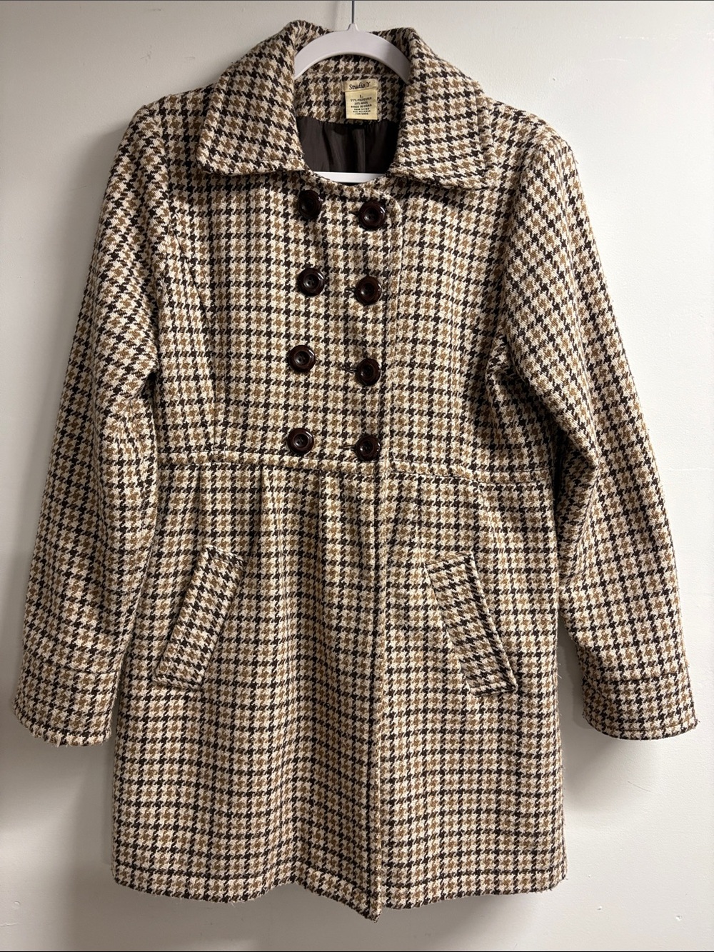Vintage Women’s Houndstooth Double-Breasted Pea Coat - Beige & Brown